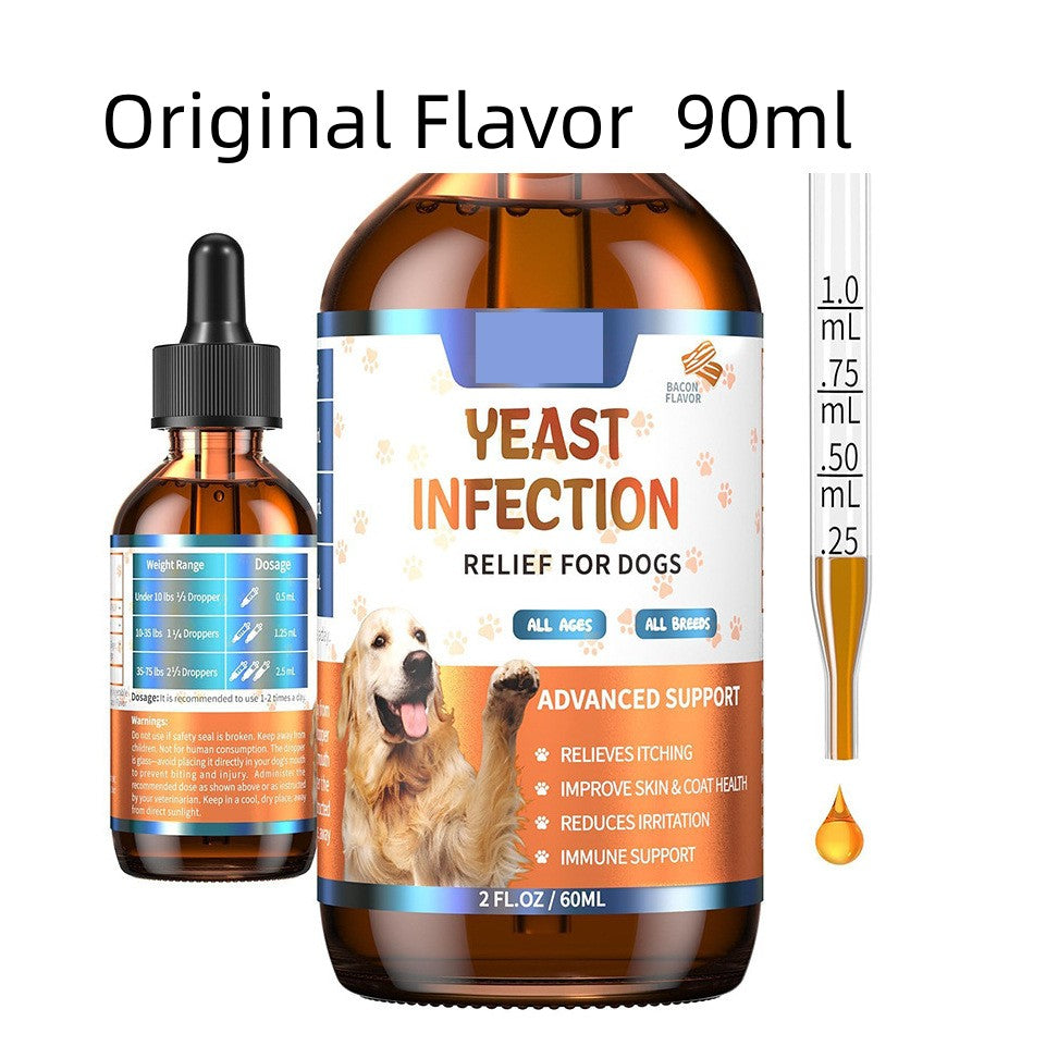 Dog scratching/itch support concept image paired with supplement bottle