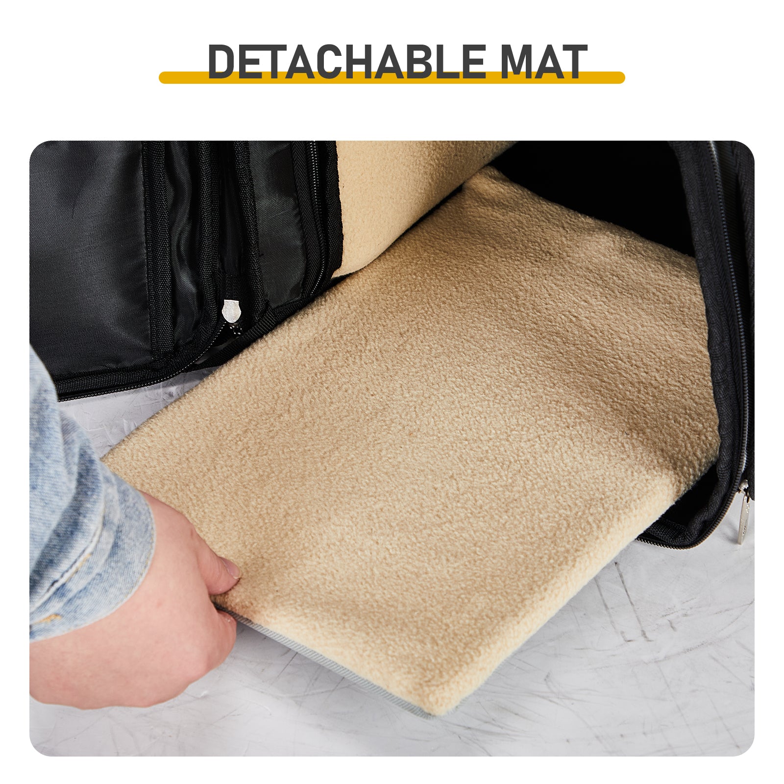 Detail of durable dual zipper pulls and the detachable fleece base mat.