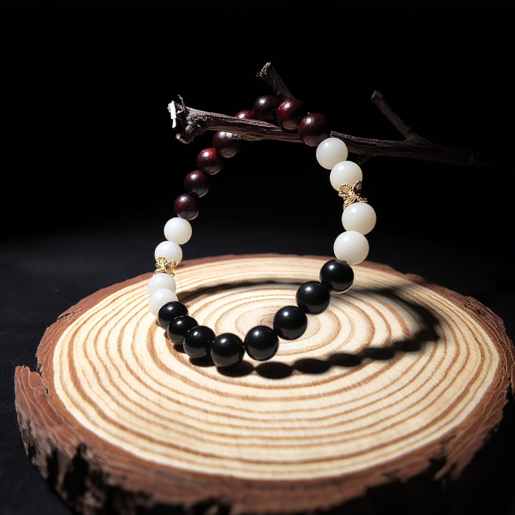 Close-up of rosewood beads for warmth and stress relief