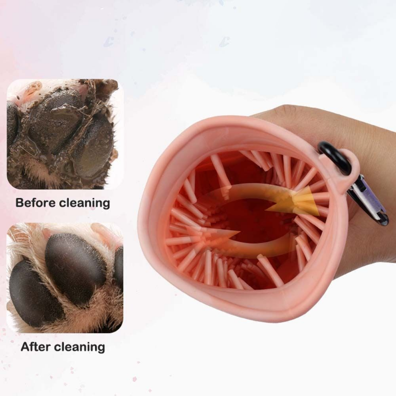 Portable pet paw cleaner with hook for outdoor use