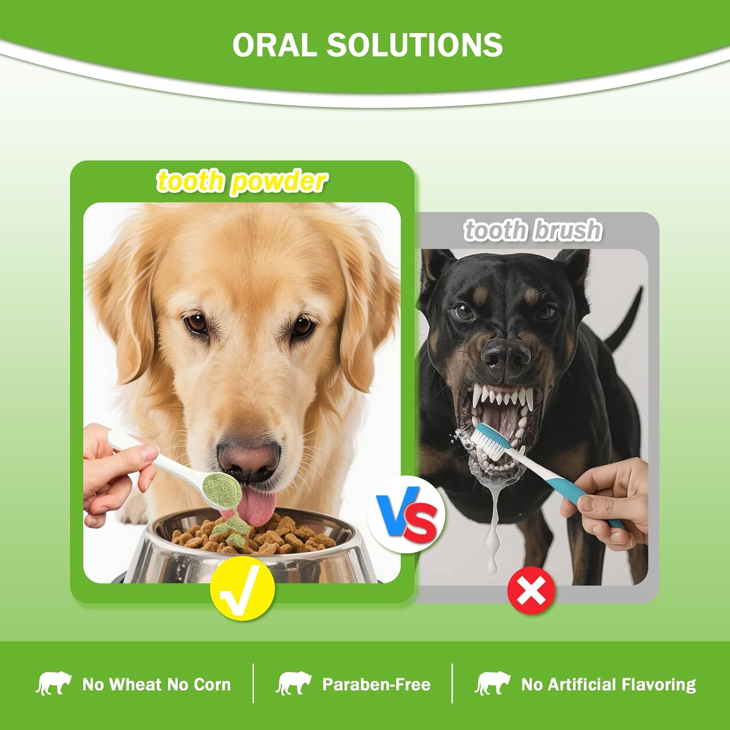 Pet dental powder vs tooth brushing comparison image