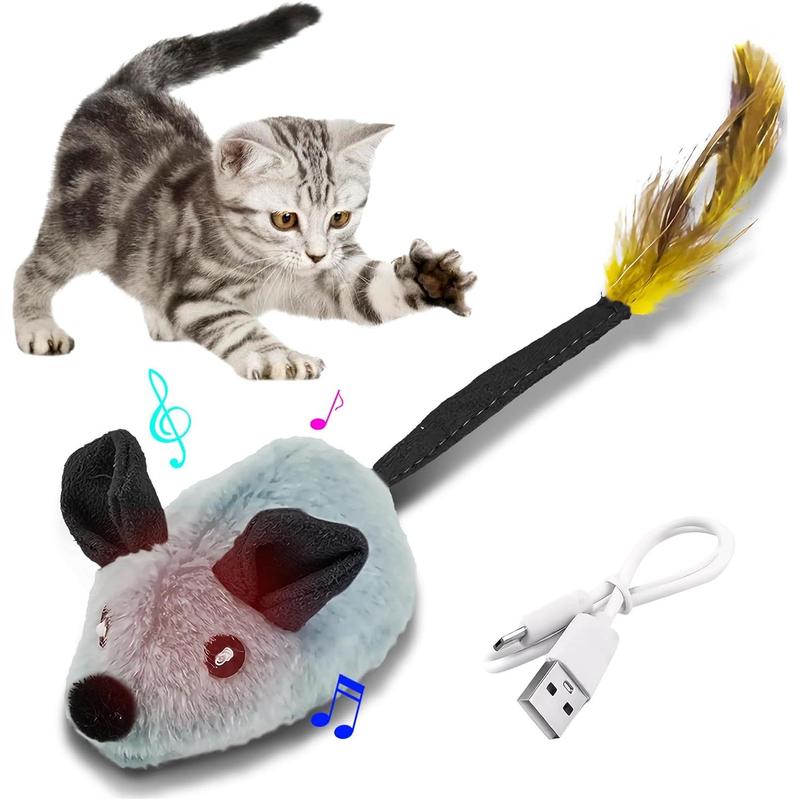 Kitten chasing USB-rechargeable LED chirping mouse toy with feather tail.