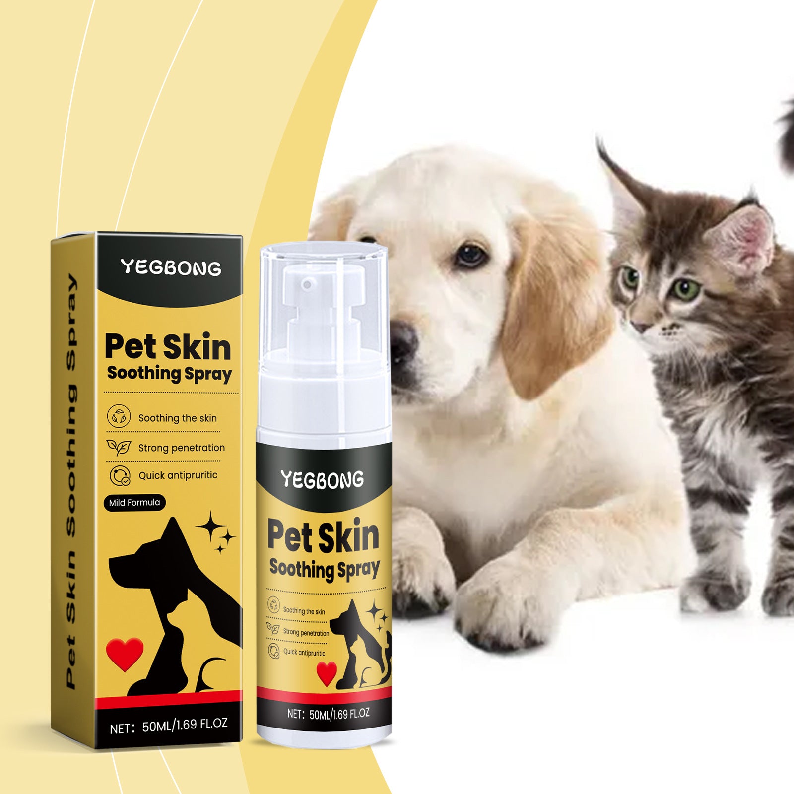Pet skin soothing spray bottle and box, 50ml