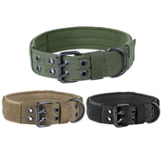 Three colors—green, tan, black—of adjustable tactical dog collars