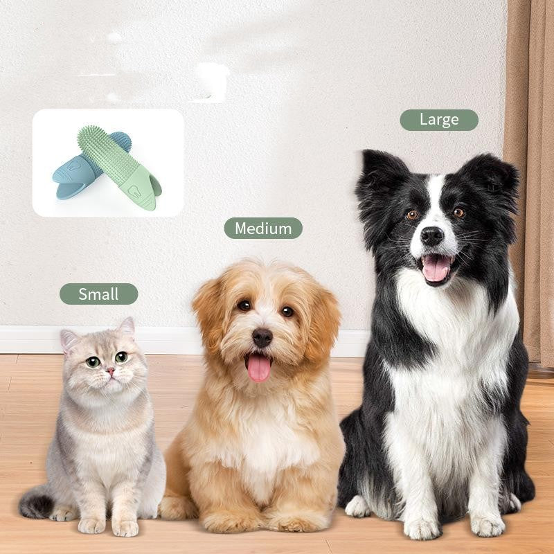 Pet toothbrush size chart showing small medium large pet compatibility