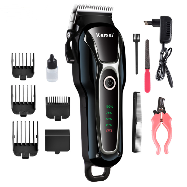 Kemei KM-1991 cordless pet clippers kit with guards, charger, oil, and grooming tools