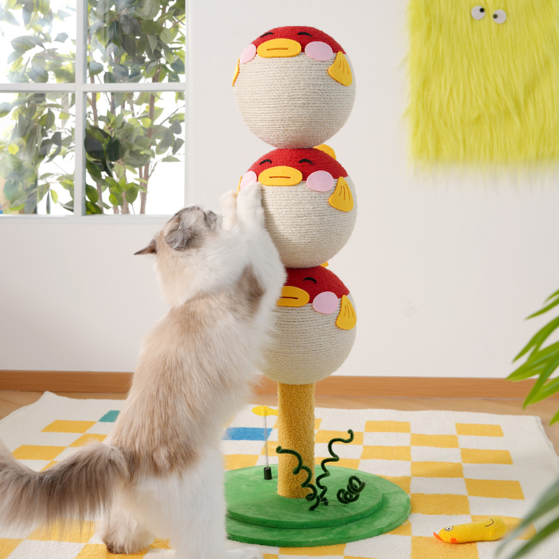 Cat playing on puffer fish 3-tier sisal scratching tower