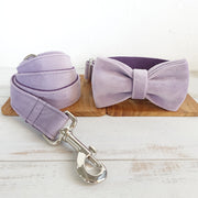 dog collar leash set, velvet bow tie collar, lavender dog collar, adjustable pet collar, wedding dog outfit, puppy leash, small medium large dogs, polyester, zinc alloy buckle