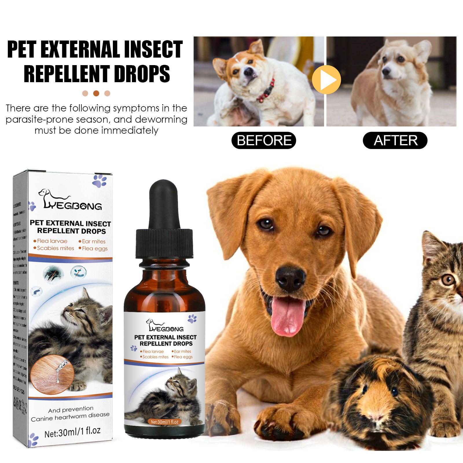 Pet external parasite repellent drops bottle and box for cats and dogs