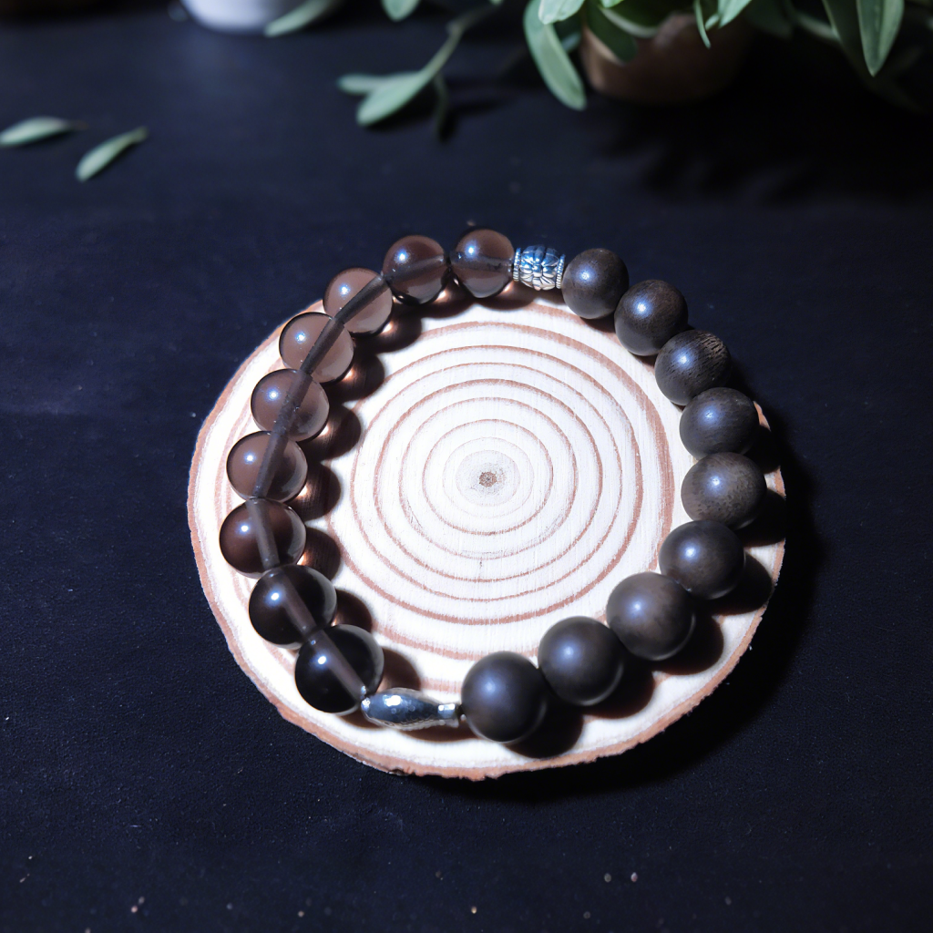 Handmade agarwood and smoky quartz healing bracelet for meditation