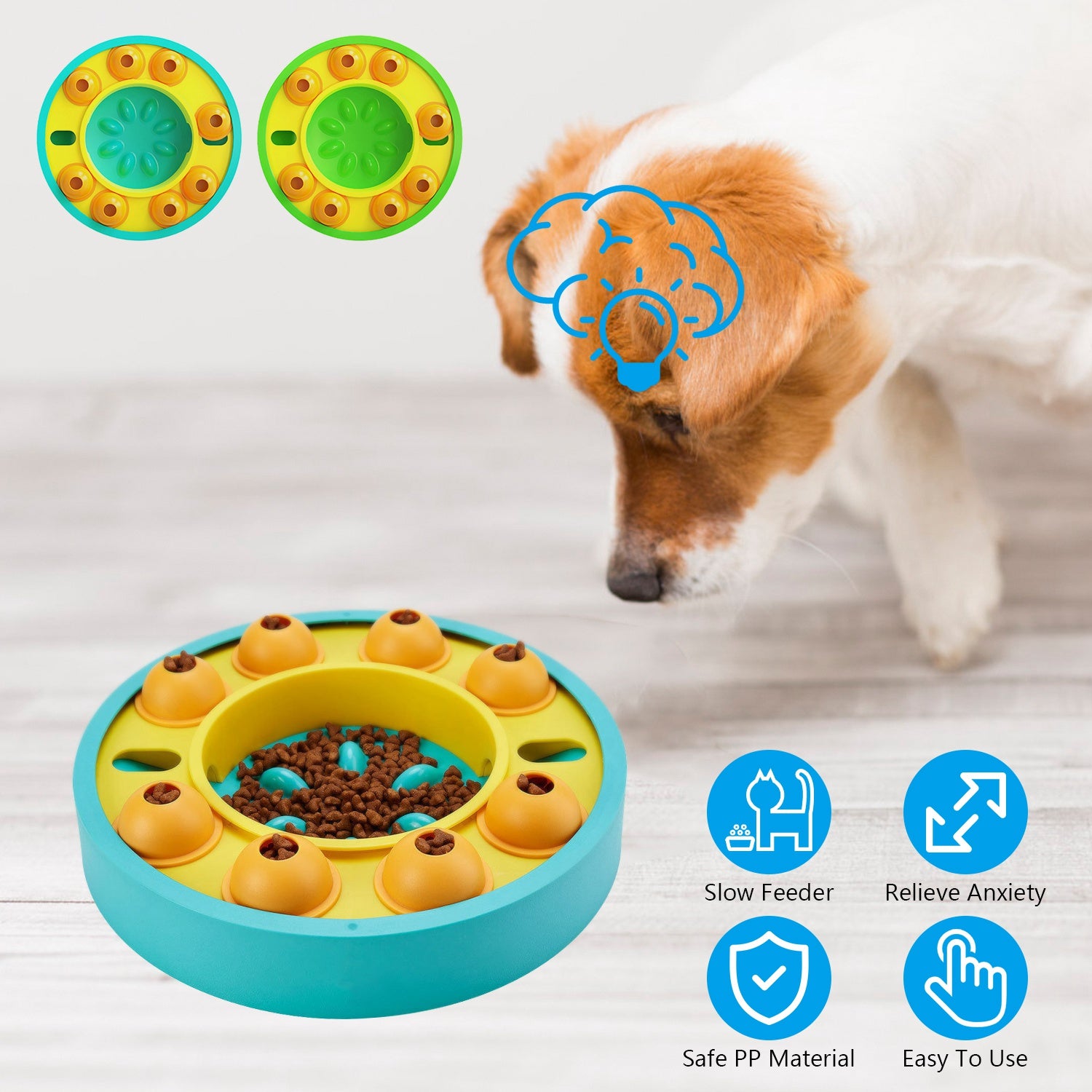 Dog using wheel puzzle slow feeder to access kibble
