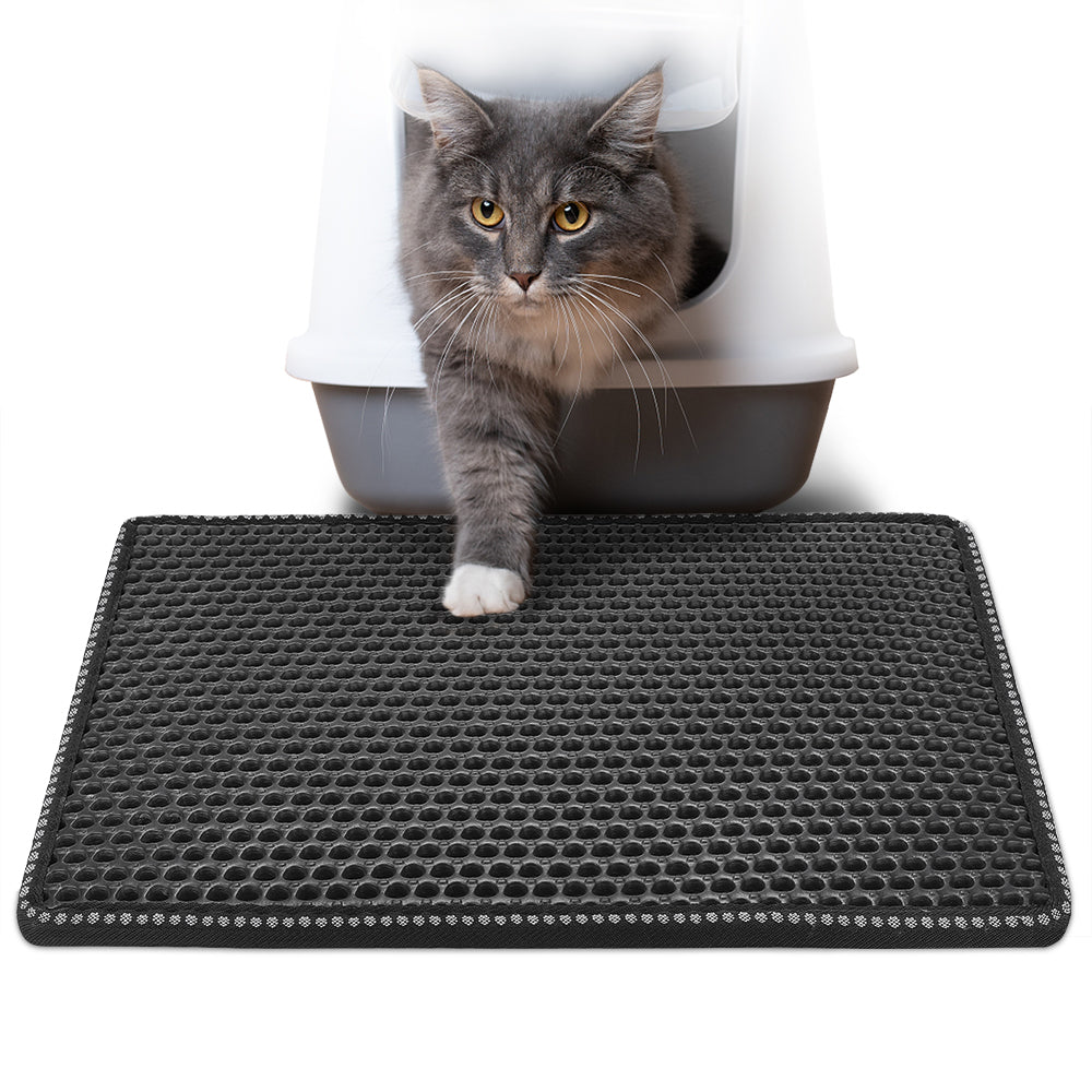 Gray cat stepping from a covered litter box onto a black double-layer honeycomb mat
