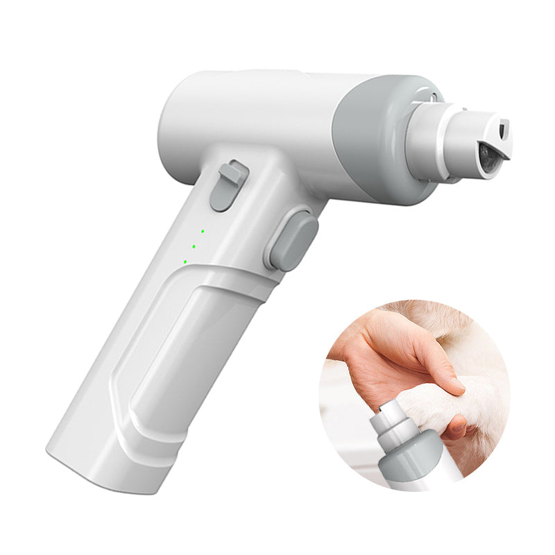 Handheld LED pet nail grinder with safety cap and diamond bit close-up.