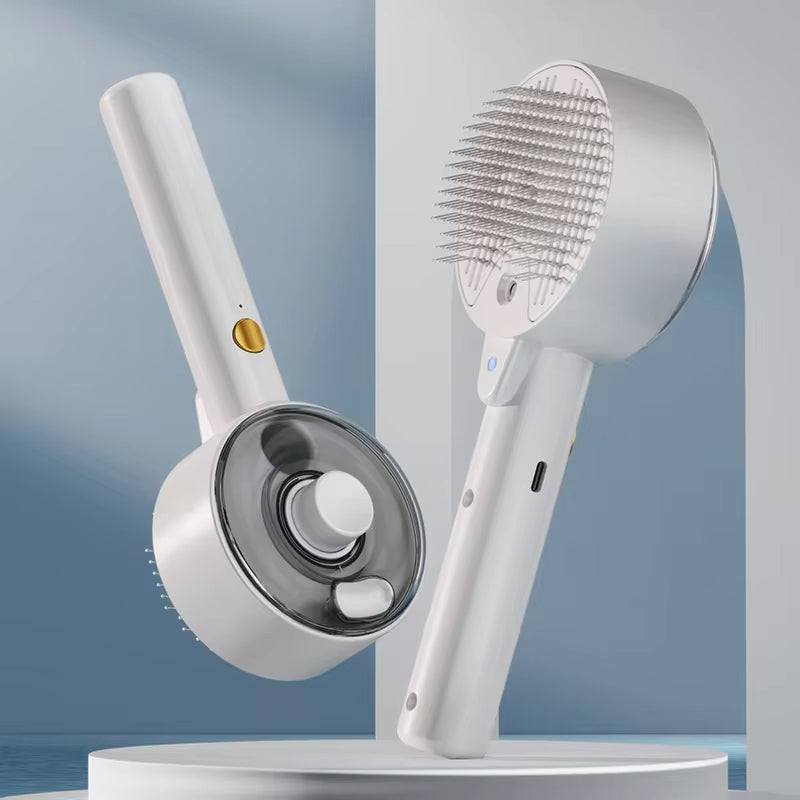Rechargeable 3-in-1 mist grooming brush for cats and dogs on display stand
