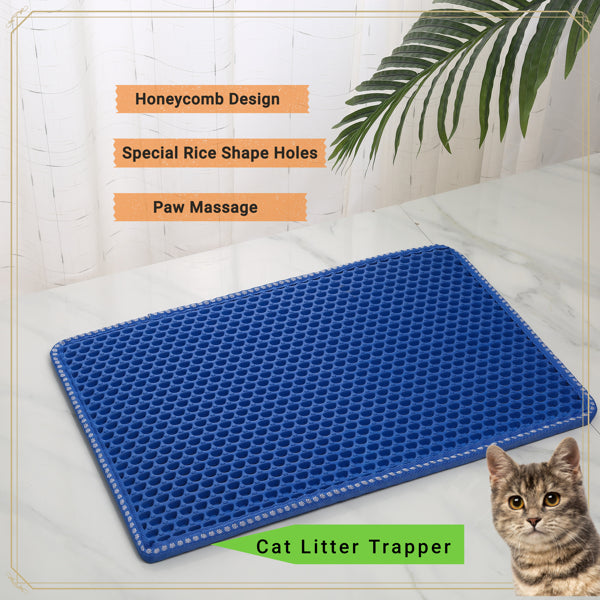 Blue double-layer rice-shape cat litter mat on the floor