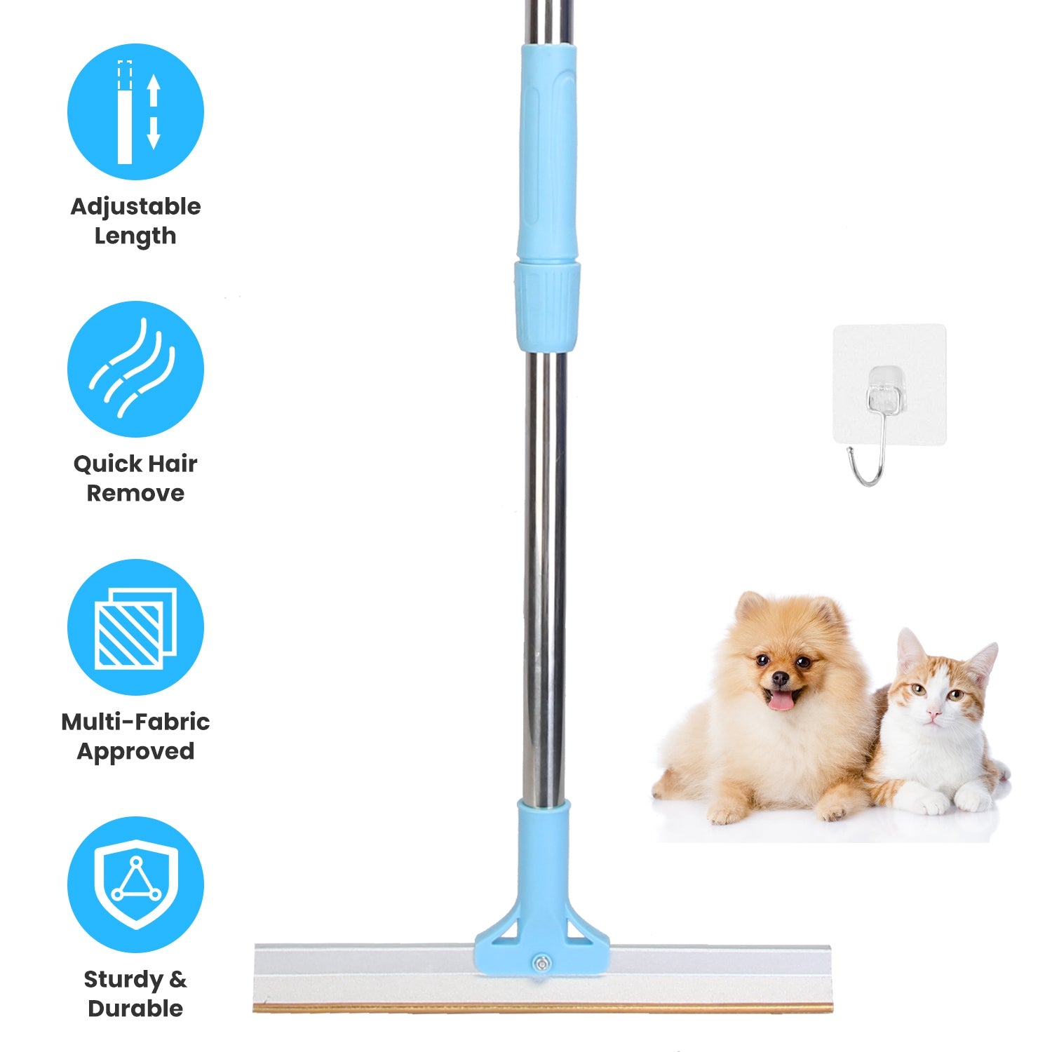 Telescopic pet hair remover rake with adjustable long handle for multi-surface cleaning