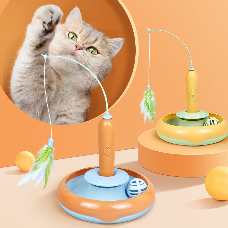 Full view of electronic interactive cat toy with feather wand and ring track.
