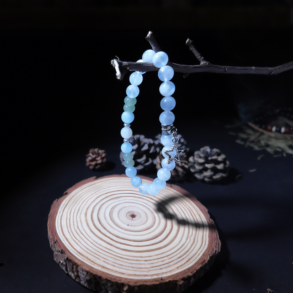Celestial Serenity Bracelet with moonstone, green aventurine, and aquamarine beads