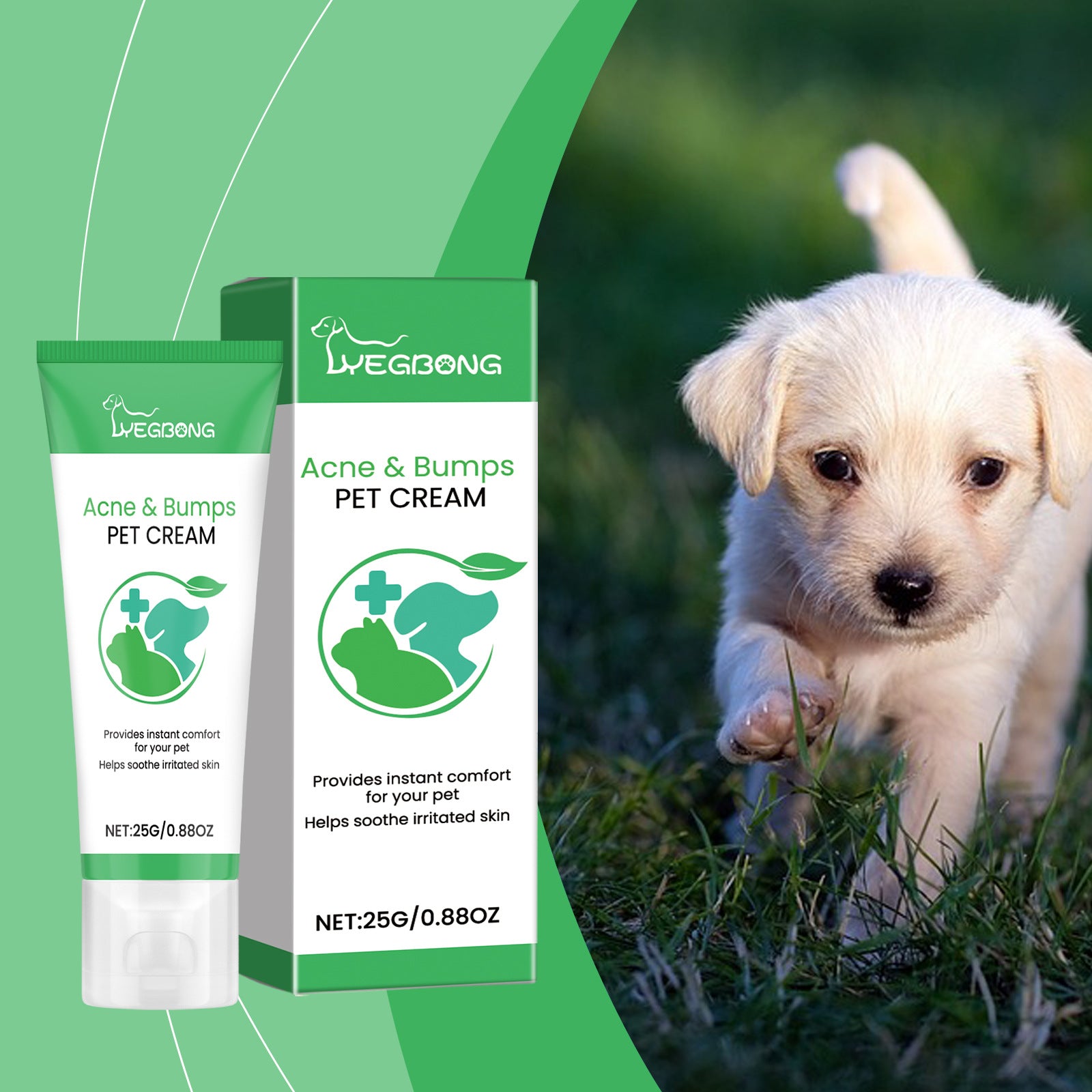 Close-up of “Acne & Bumps Pet Cream” label on green-and-white package