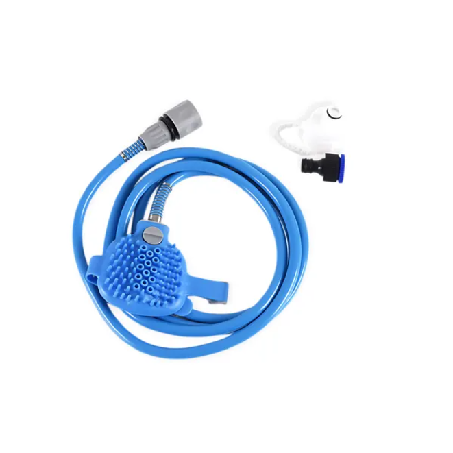 Blue pet shower combo set with silicone scrubber head, hose, and adapters