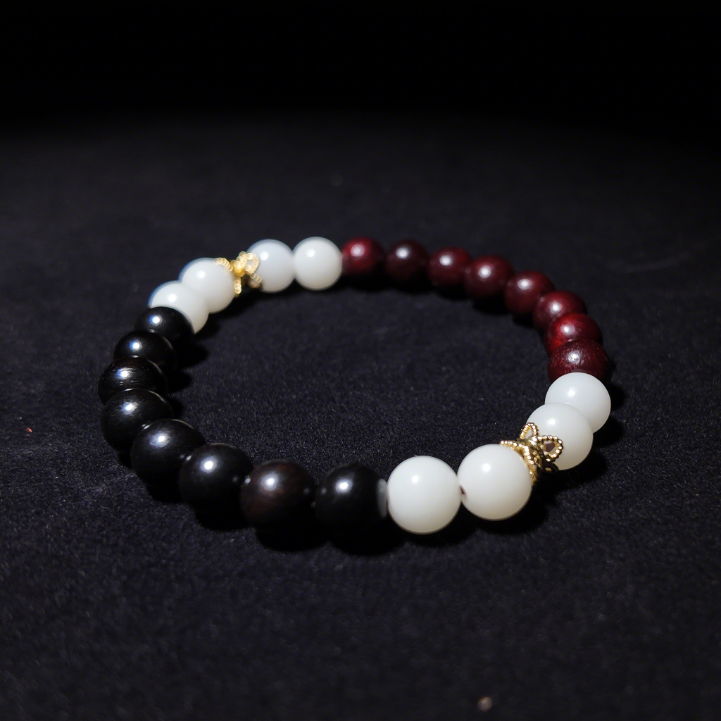 Sacred Tranquility Bracelet with rosewood, ebony, and white bodhi beads
