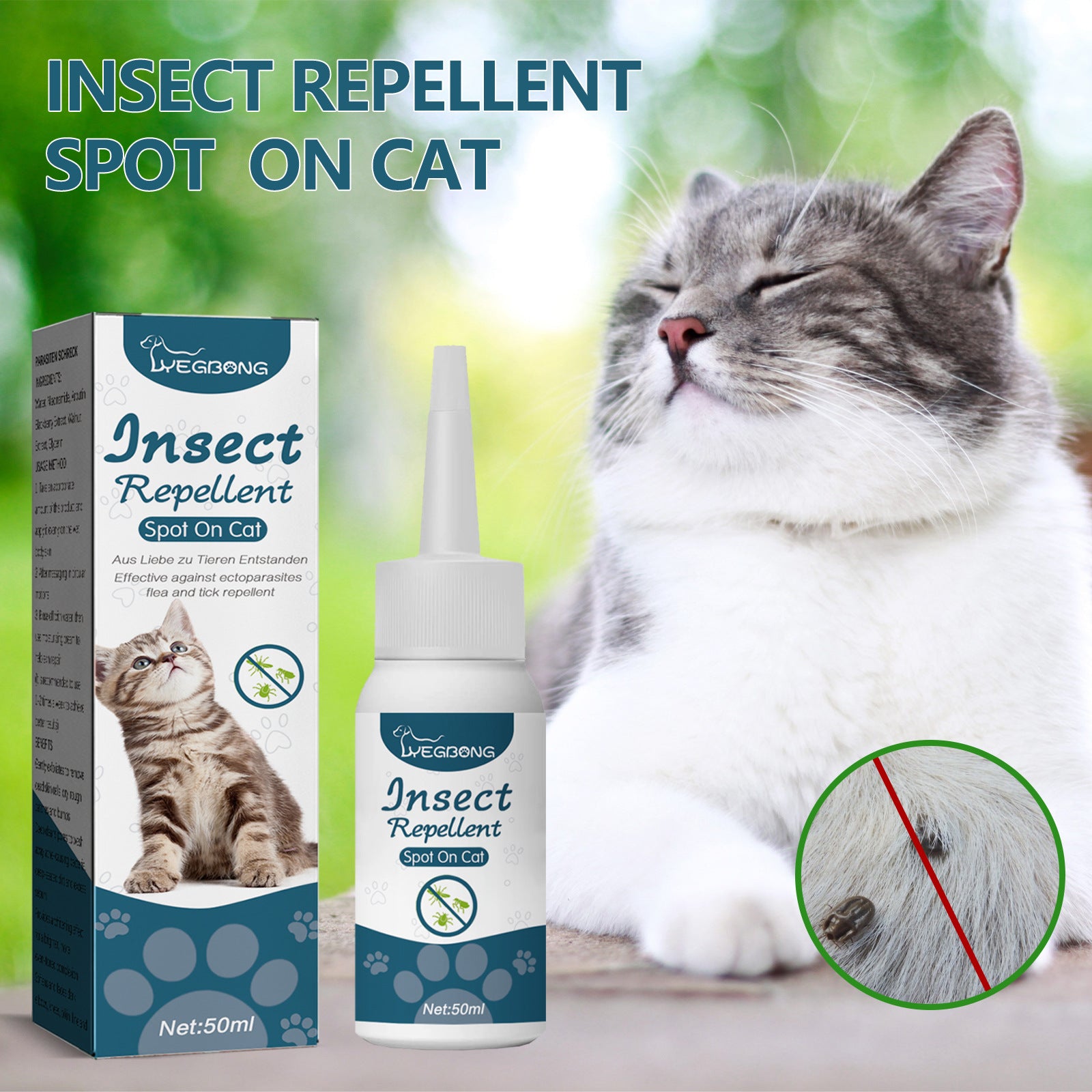 Insect repellent spot-on for cats shown with outdoor cat lifestyle image