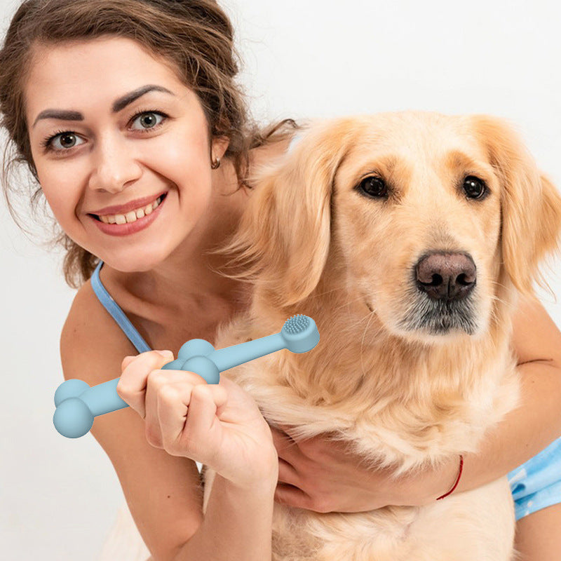 Close-up of brushing a dog’s teeth with a soft silicone toothbrush