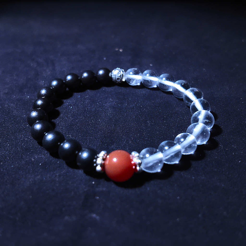 Luminous Harmony Bracelet with white quartz, ebony, and red agate beads