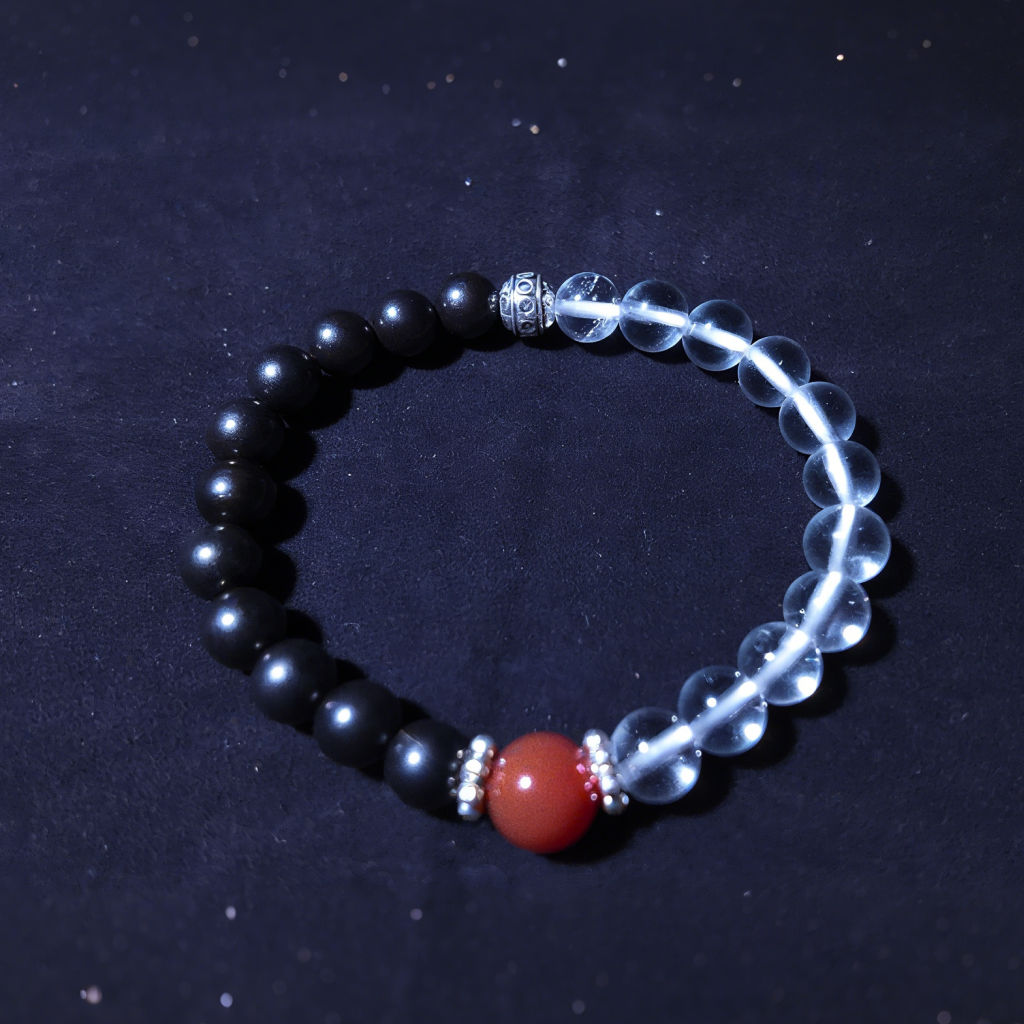 Close-up of white quartz beads absorbing negative energy