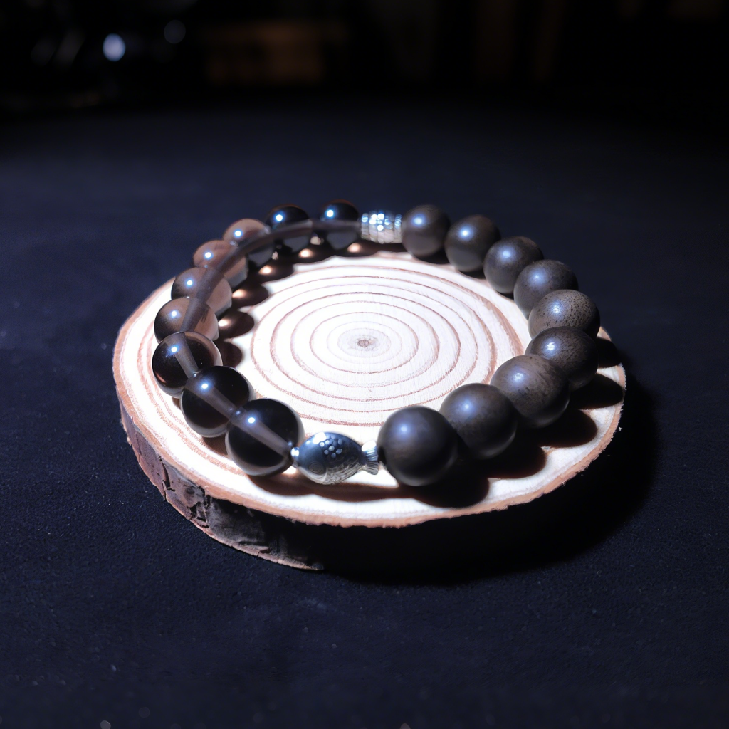 Brunei Kynam agarwood and smoky quartz bracelet for calm and balance