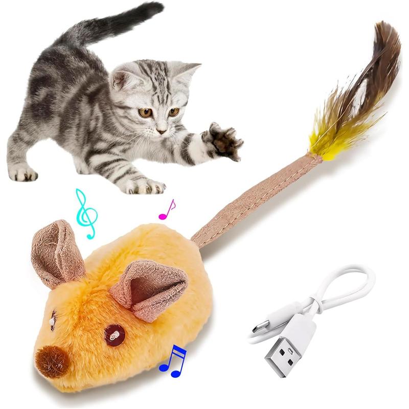 Gray version of interactive mouse toy with lights, feathers and USB cable.