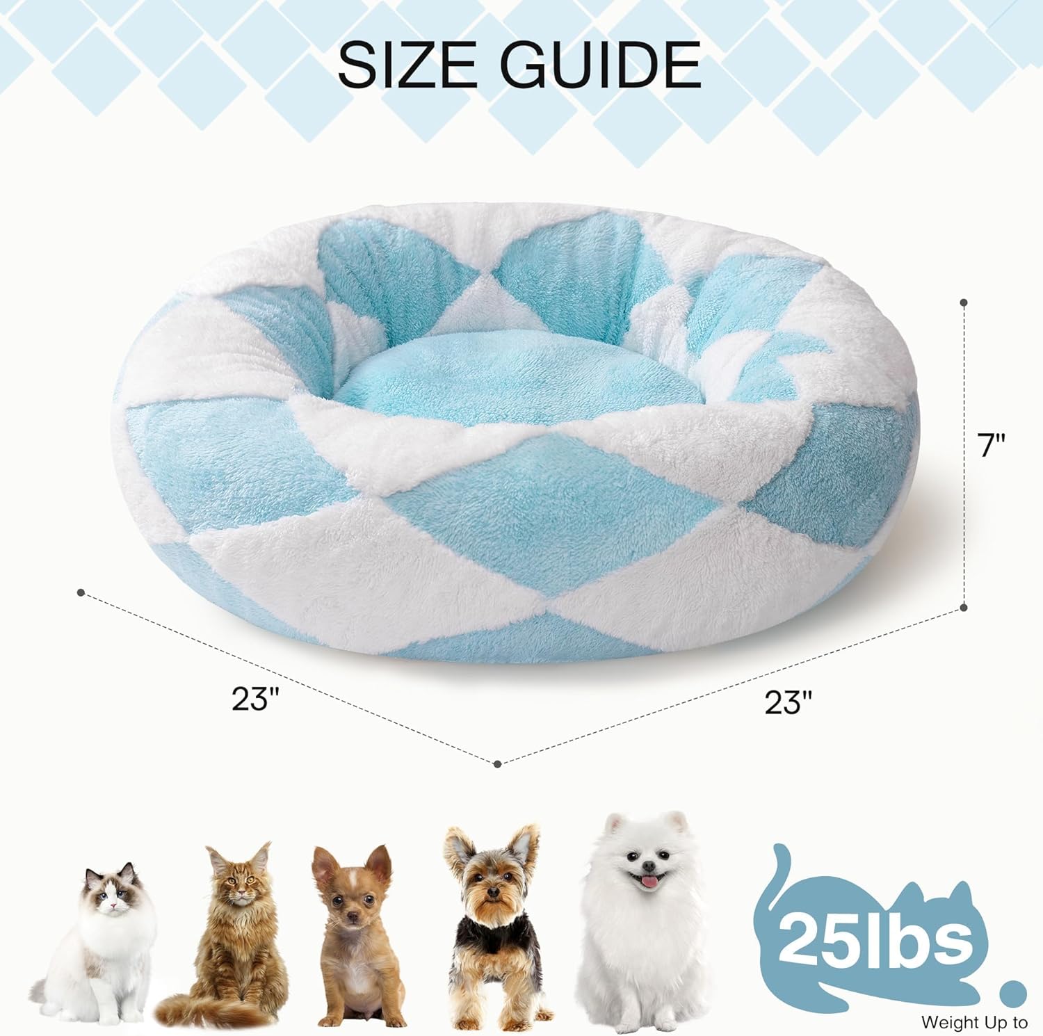 Size guide showing 23”x23”x7” bed for pets up to 25 lb.