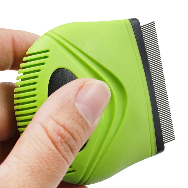 Close-up of ergonomic rubberized grip on compact pet comb