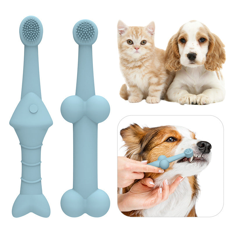 Silicone pet toothbrush set in fish and bone shapes on white background