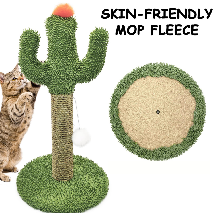 Ginger cat scratching a 24” cactus-shaped post with sisal pillar and round wood base in living room.