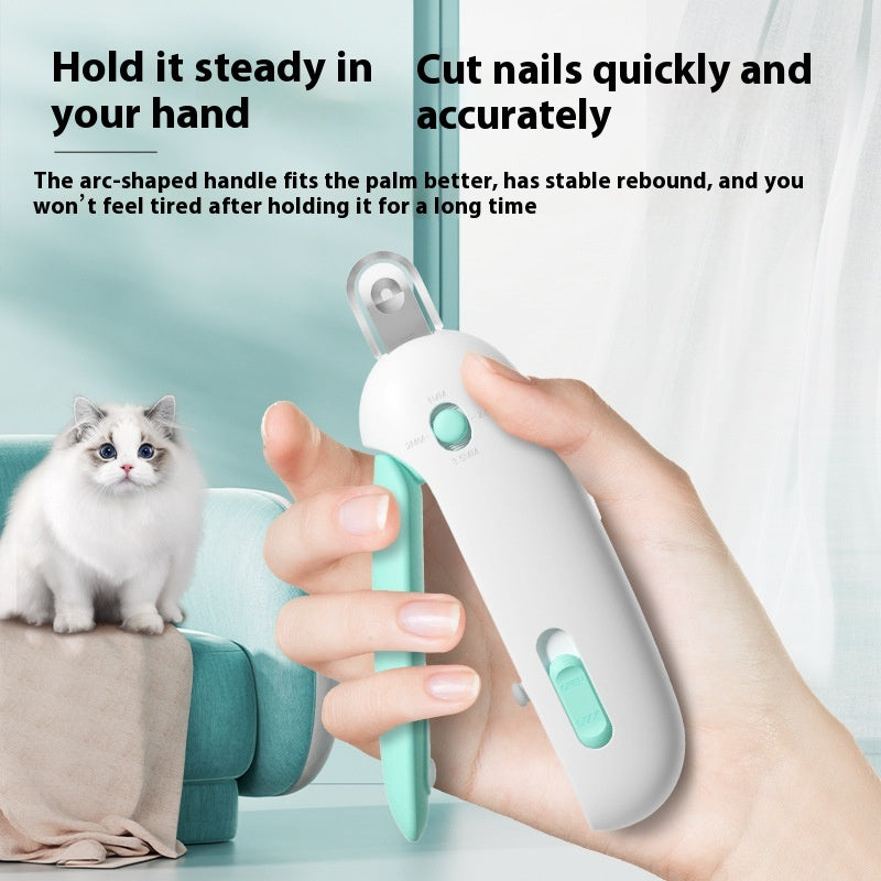 Quiet pet nail clipper with rounded cutting edge for safe trimming