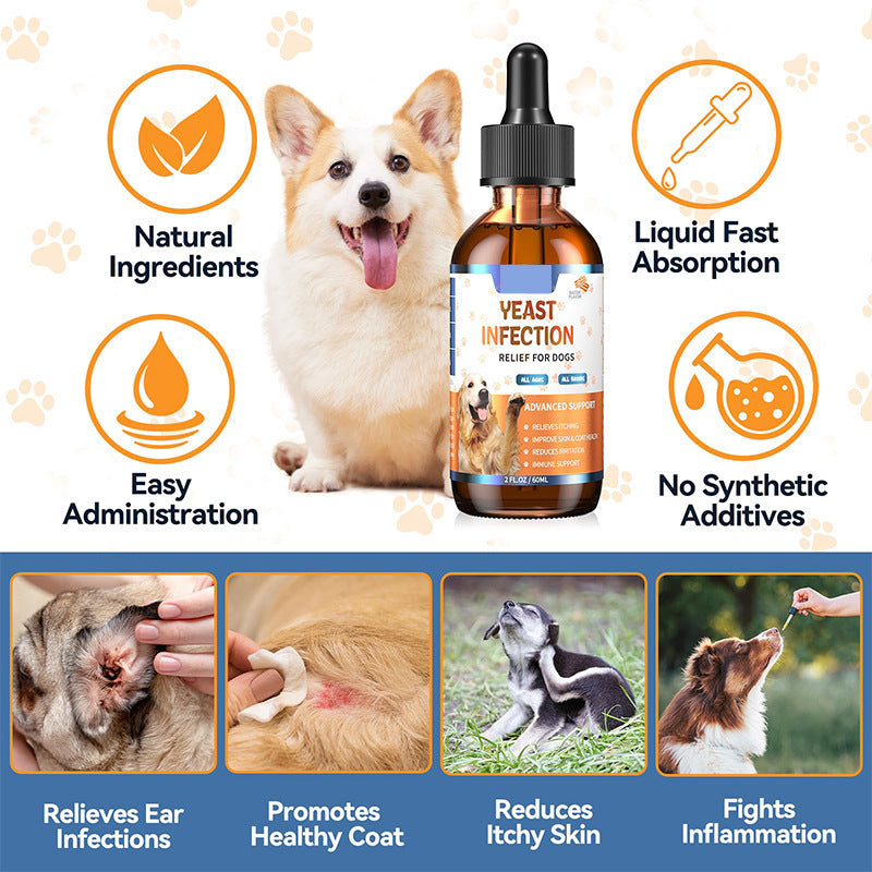 Product packaging and bottle showing “Yeast Infection Relief for Dogs” label design