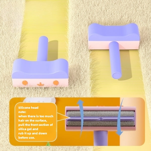 Pet hair remover roller in use on fabric surface with back-and-forth motion
