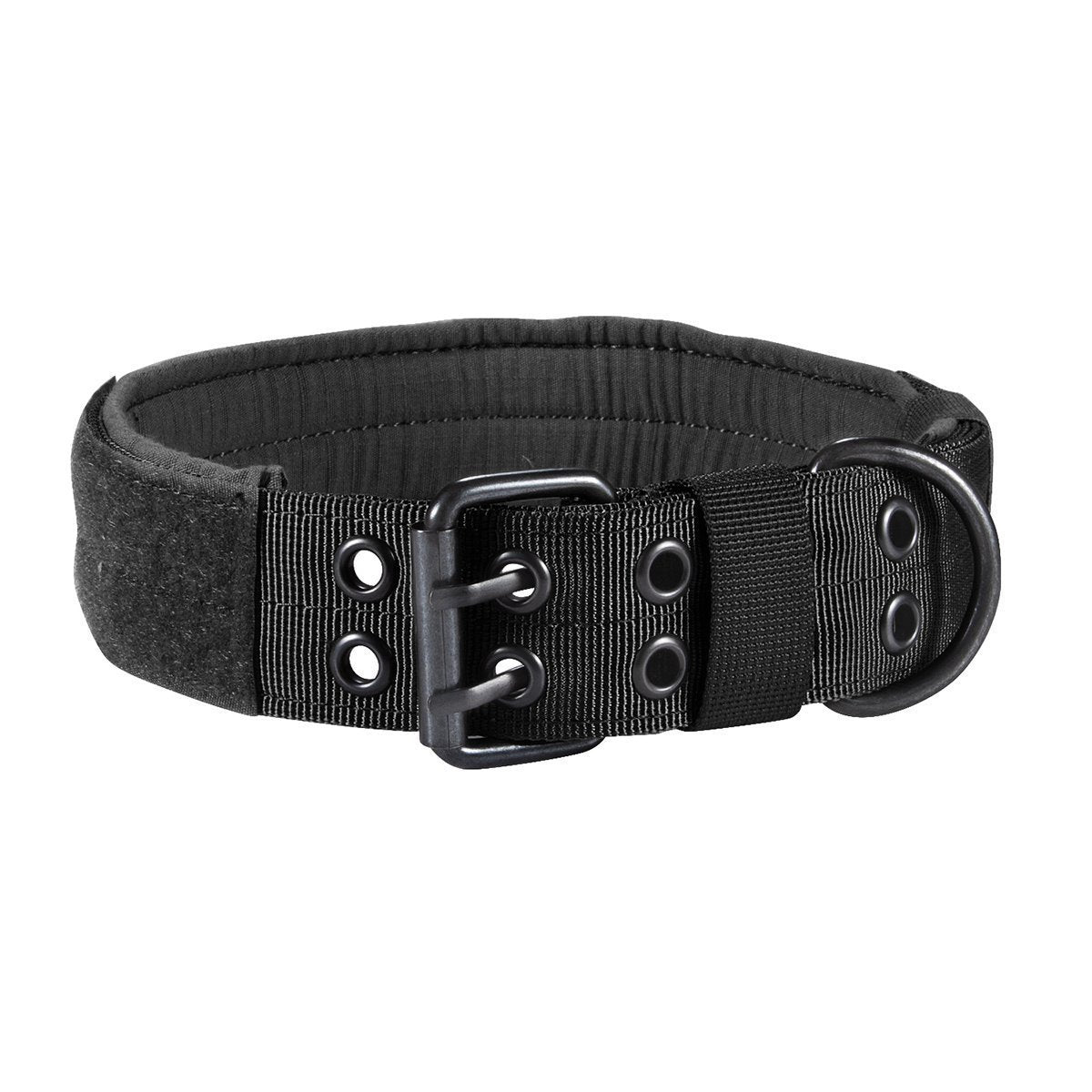 Black padded dog collar laid flat to show wide chafe-resistant liner