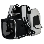 Back view of grey expandable pet carrier backpack showing widened padded shoulder straps.