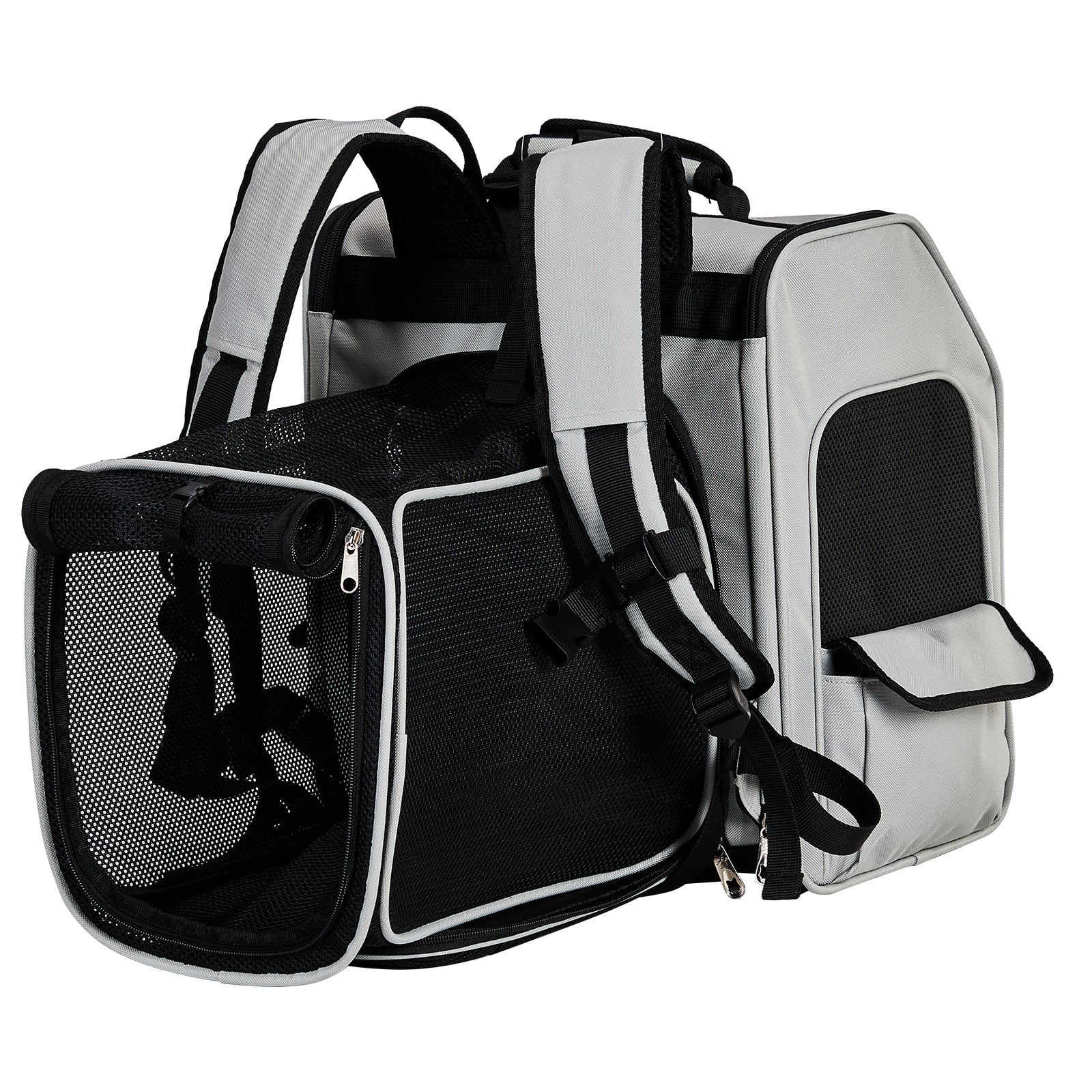 Back view of grey expandable pet carrier backpack showing widened padded shoulder straps.