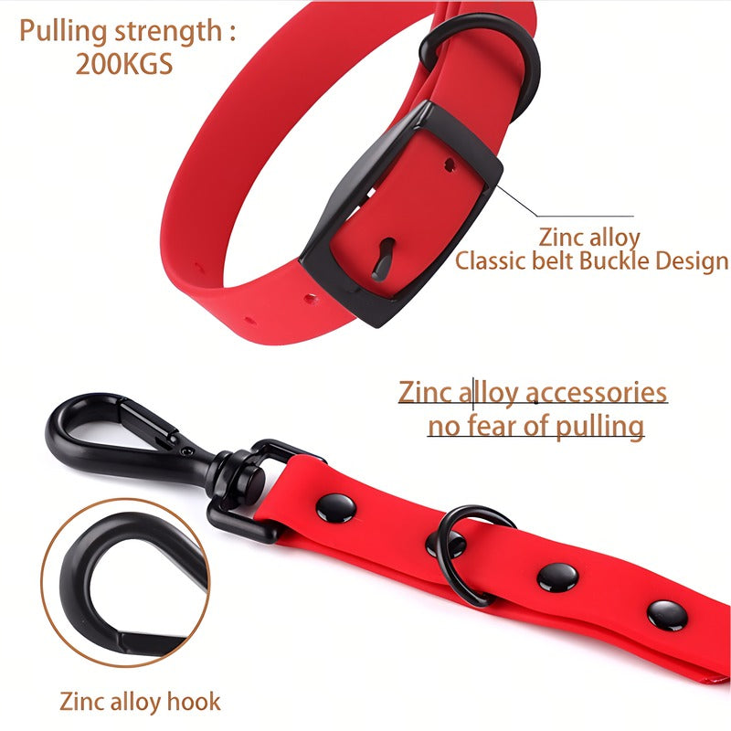 Matching red silicone leash with metal hook