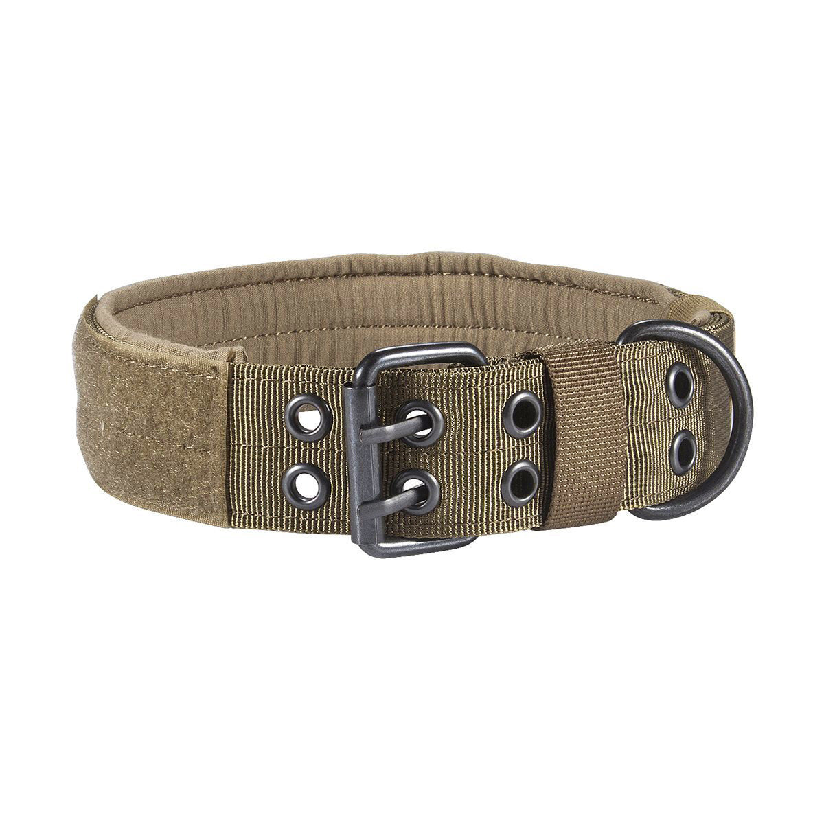 Tan nylon dog collar showing Velcro patch panel and reinforced stitching