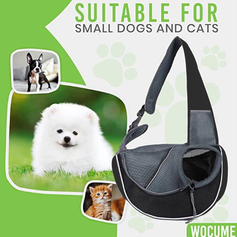 Full view of black Oxford crossbody pet sling with padded strap.