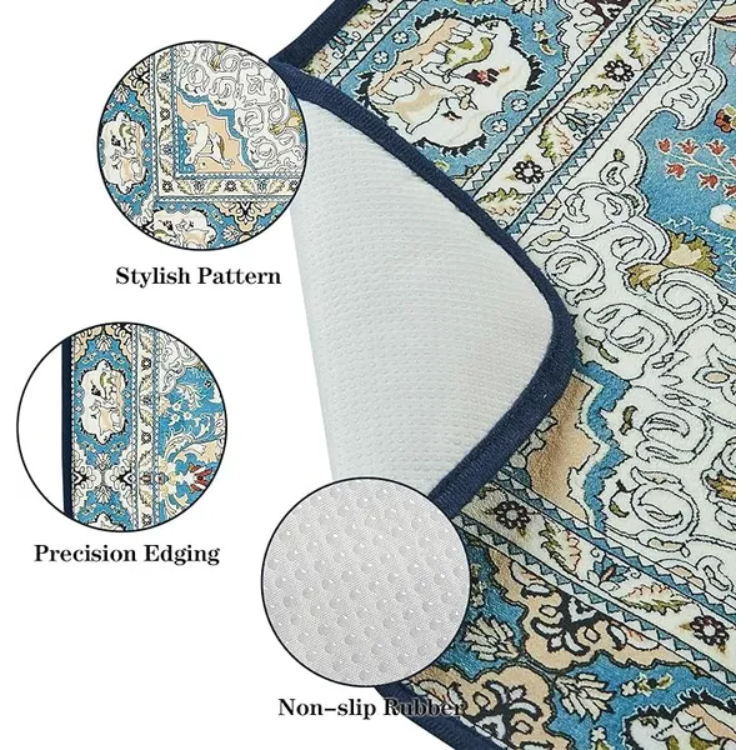 Close-up of non-slip backing and stitched edging for durability