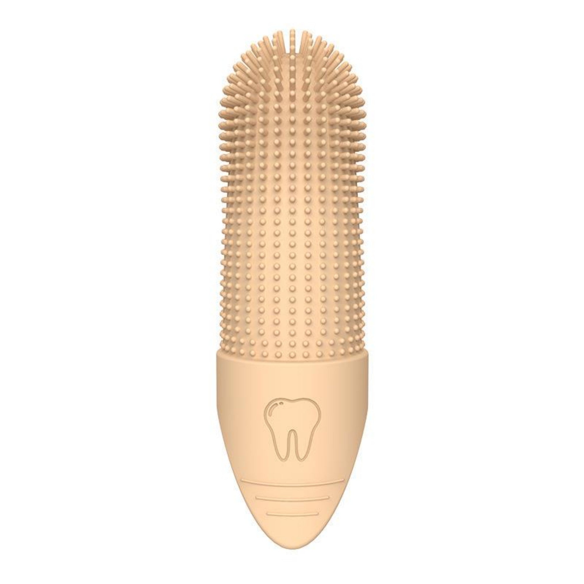 Beige silicone pet finger toothbrush close-up on white background