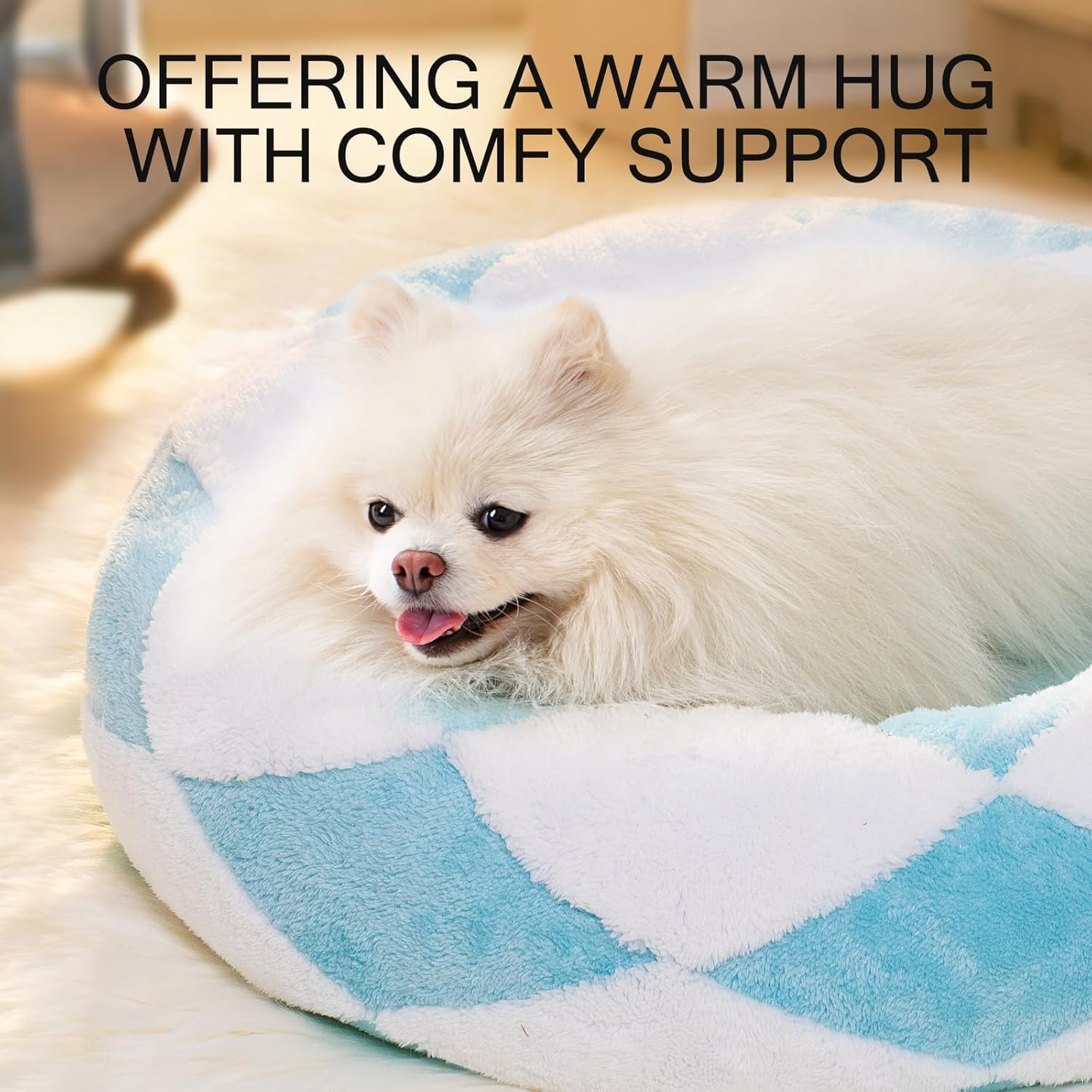 Detail shot of the plush round blue-check pet bed.