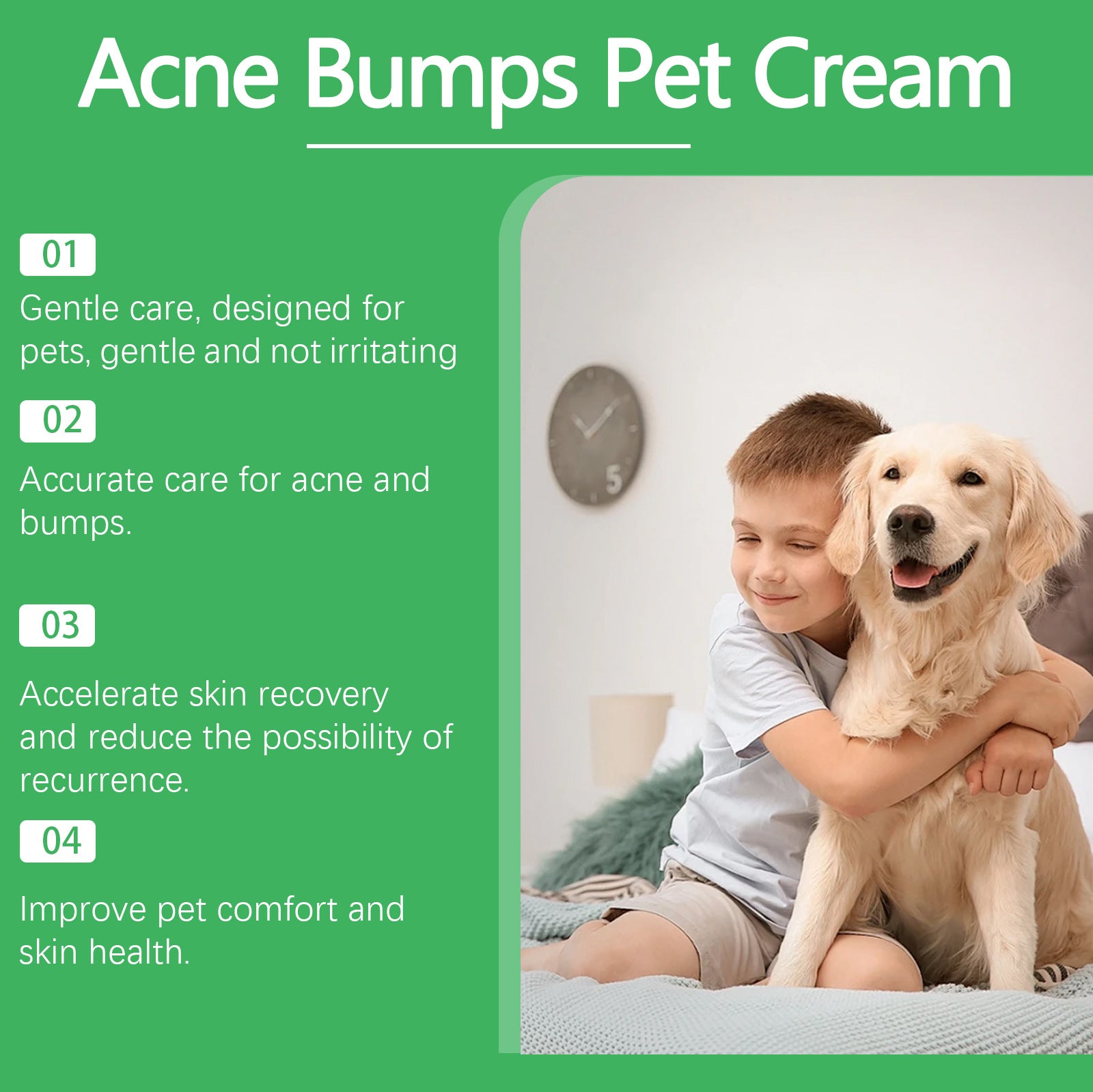 Lifestyle image showing pet skin comfort message for irritated-looking skin