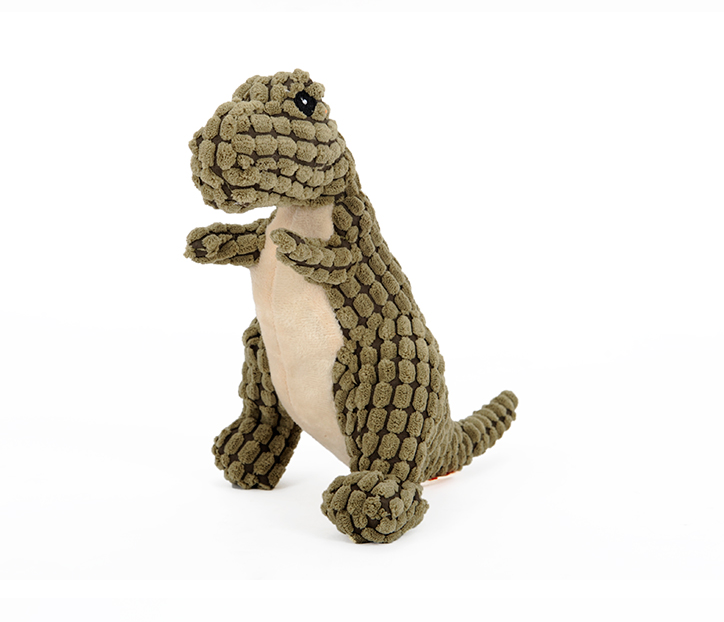 Front view of green corn-plush dino pet toy, approx. 25cm tall.