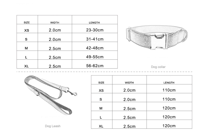 Size chart for collar and leash from XS to XL